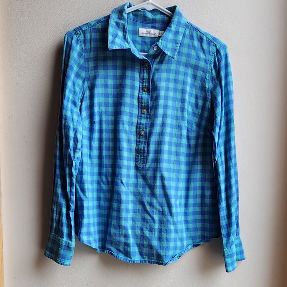 Vineyard Vines Blue Checked Half-Button Down Blouse Size 2 - Picture 5 of 12